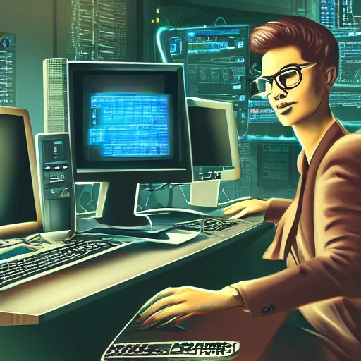 Image similar to computer programmer working in a steampunk office with lots of equipment & monitors, highly detailed, cyberpunk vivid background colors