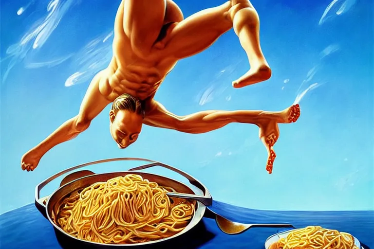 Image similar to olympic diver diving from springoard into a dish of pasta, detailed surrealist art, artgerm