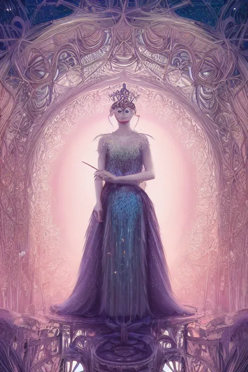 Image similar to beautiful detailed digital illustration of a beautiful magician , wearing crystal fractal tiara, Symmetrical composition, fantasy long intricate gown, sharp focus, octane render, high quality, 8k, volumetric lighting, color grading, by By James Jean and WLOP and Victo Ngai