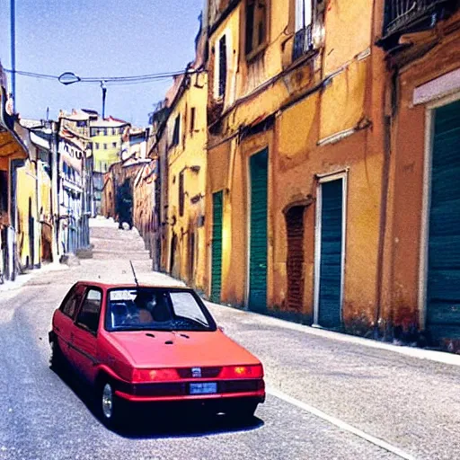 Prompt: a road in Genova in the 80s Fiat Ritmo Alfa Sud Fiat Uno people with sunglasses and colored clothes realistic 4k