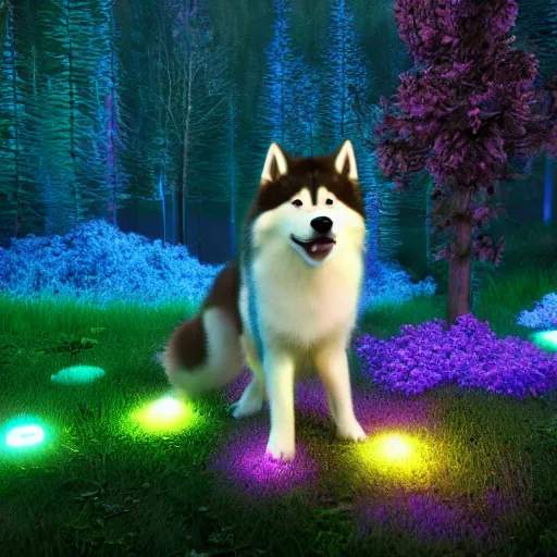 Image similar to flower alaskan malamute playing in a bioluminescent forest at dusk, octane render, unreal engine, colorful, beautiful