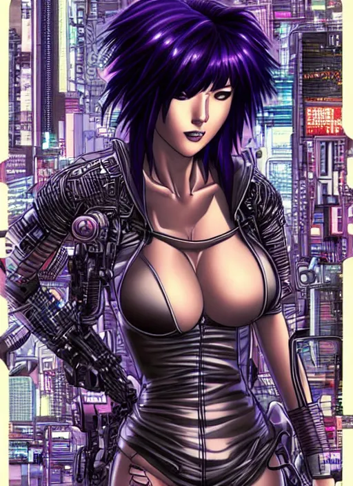 Image similar to motoko kusanagi in grungy cyberpunk megacity, intricate and finely detailed, cyberpunk vaporwave, portrait by j scott campbell