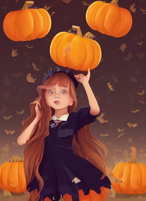 Image similar to little girl with long blonde hair holding a pumpkin. bats in the background. clean cel shaded vector art. shutterstock. behance hd by lois van baarle, artgerm, helen huang, by makoto shinkai and ilya kuvshinov, rossdraws, illustration, art by ilya kuvshinov