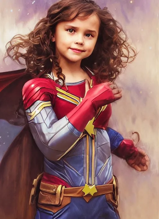 Image similar to a little girl with a mischievous face and light brown curly wavy hair. she is dressed as captain america, batman, the flash, captain marvel, wonder woman, a superhero. clean elegant painting, beautiful detailed face. by artgerm and greg rutkowski and alphonse mucha