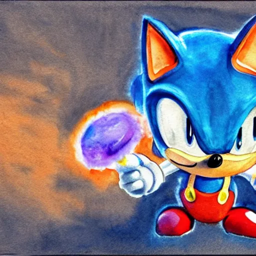 Image similar to Sonic in the style of Mario, with a mustache, beautiful watercolor art drawing, in the style of artist Simon Stalenhag s-90 - C 7