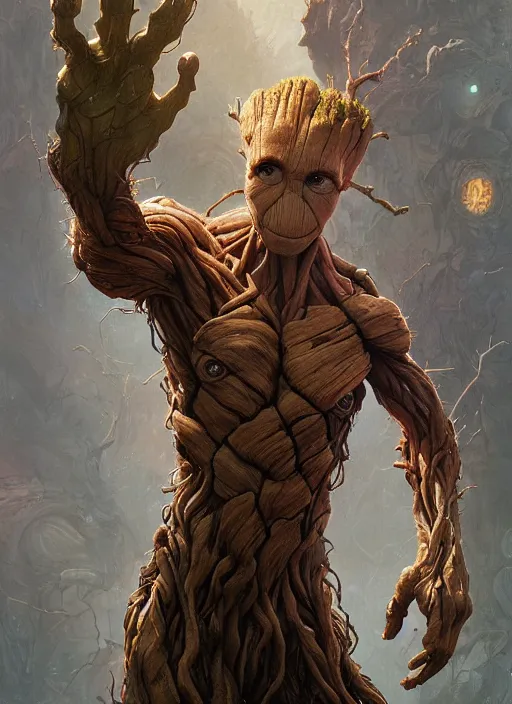 Prompt: wideshot, Portrait of Groot, marvel comics, dark, intricate, highly detailed, smooth, artstation, digital illustration by Ruan Jia and Mandy Jurgens and Artgerm and Wayne Barlowe and Greg Rutkowski and Frank Frazetta