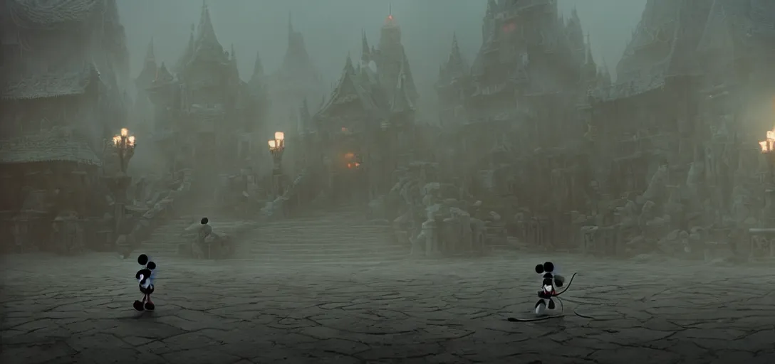 Image similar to evil epic mickey mouse walking out from epic temple, foggy, cinematic shot, photo still from movie by denis villeneuve, wayne barlowe