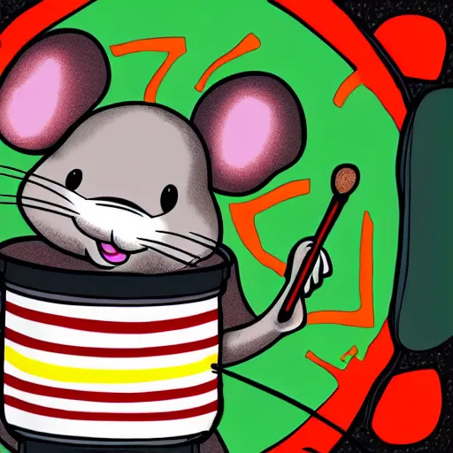 Image similar to cartoon mouse with drum, forrest background, digital art, close up