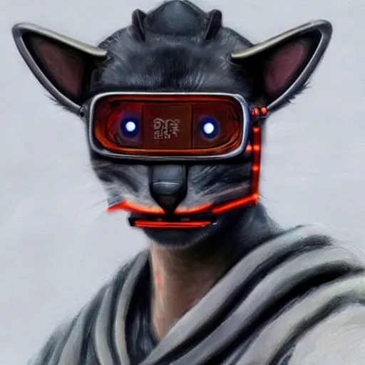 Prompt: Renovatio portrait cat samurai cyberpunk hyperrealistic