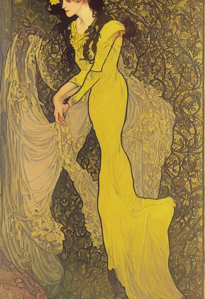 Prompt: a young woman looks deeply into the viewer, 1920's london street, art nouveau, extravagant fashion, intricate yellow dress with gold trims, lacey, dark streets, grungy, style of and by alphonse mucha, color painterly