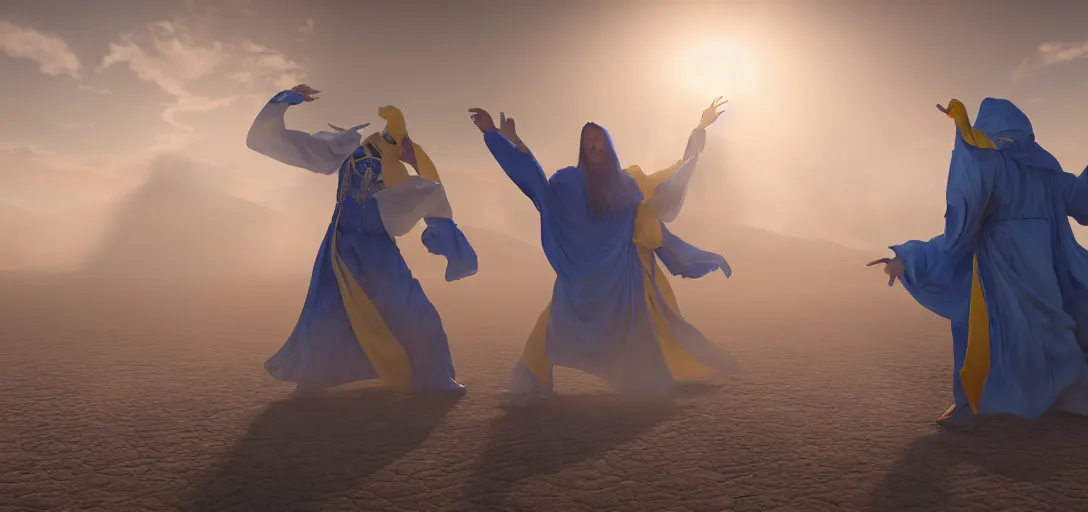 Prompt: an evil demon in blue and yellow robes fighting an angel in white robes in a desert, luminescent eyes, sunny weather, rendered in octane, realistic, 8 k, vivid, intricate, detailed, mist, fog, dramatic light