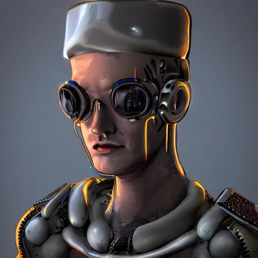 Prompt: Johny dep armored mac n' cheese, cyberpunk, cad vision