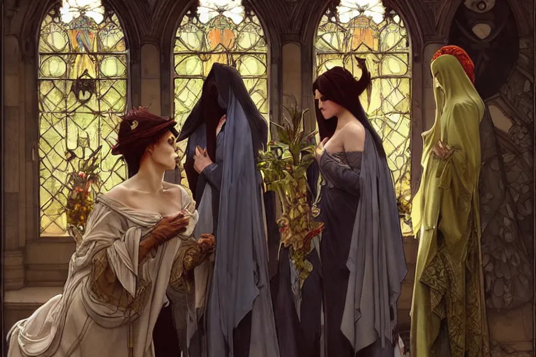 Prompt: the three marys mourning at the sepulchre, painting, art by artgerm and greg rutkowski and alphonse mucha