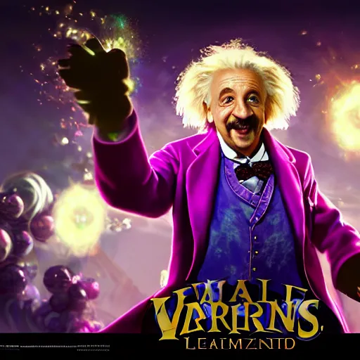 Image similar to portrait of albert einstein as willy wonka, league of legends amazing splashscreen artwork, fantasy, splash art, natural light, elegant, photorealistic facial features, intricate, fantasy, detailed face, atmospheric lighting, anamorphic lens flare, cinematic lighting, league of legends splash art, hd wallpaper, ultra high details by greg rutkowski