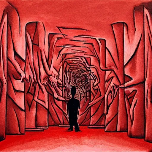 Prompt: a dark mind in a nightmare is aware of betrayal sadness and despondency of a schizophrenic in a red hyper maze room