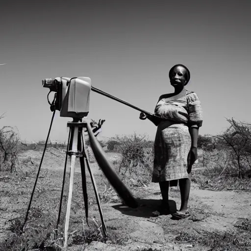 Image similar to wide angle photo of African woman inspecting laser gun ancient device, tools and junk on the ground,wires and lights, old village in the distance, vintage old photo, black and white, sepia