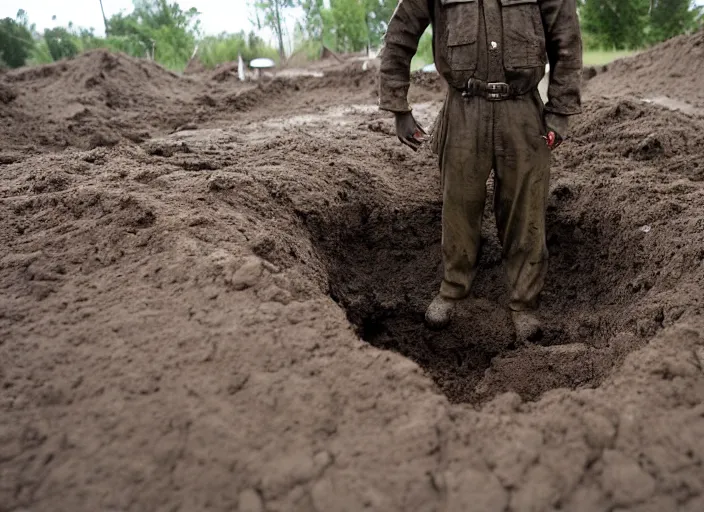 Prompt: a man wearing a dirty gray soldiers uniform stands in an 8 foot deep muddy pit