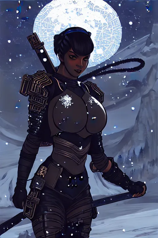 Image similar to portrait ninja gaiden black girl, armored dieselpunk wardrobe, at snowy fuji mountain moonlight, sci - fi and fantasy, intricate and very beautiful and elegant, highly detailed, digital painting, artstation, concept art, smooth and sharp focus, ( ( illustration, art by tian zi and wlop and alphonse mucha ) )