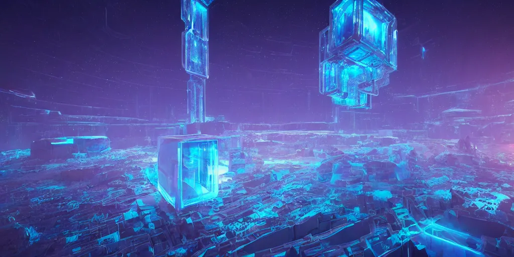 Image similar to cinematic still of the great hypercube, futuristic holography!! elven city, galactic nebula, desolate, ice, river, snow:: by beeple and James Gilleard and Justin Gerard :: ornate, dynamic, particulate, intricate, elegant, highly detailed, centered, artstation, smooth, sharp focus, octane render, nvidia raytracing demo, masterpiece