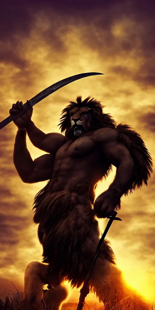 Prompt: muscular oversized lion animal as barbarian hunter covered in blood with weapon and anthropomorphic human oversized mutant proportions and very hairy body , backlight body , extreme very textured detailed panoramicpolaroid photograph, silhouette over sunset, dramatic clouds and cyan atmosphere