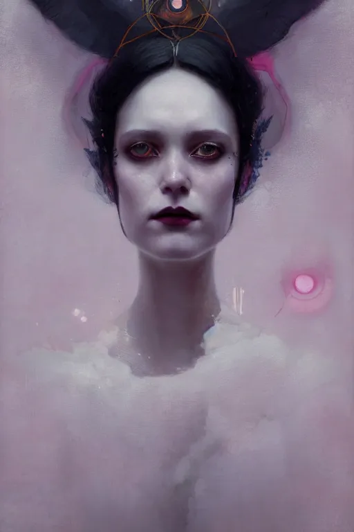 Prompt: of beautiful goth female, beauty portrait by greg rutkowski, hilma af klint, moebius, victo ngai, sharp focus, global illumination, highly detailed, masterpiece, award winning, post processing