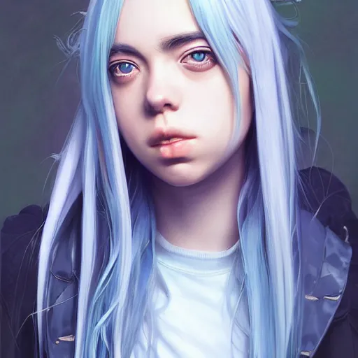 Image similar to Hyperrealistic anime portrait of Billie Eilish, by Stanley Artgerm Lau, WLOP, Rossdraws, James Jean, Andrei Riabovitchev, Marc Simonetti, and Sakimichan, tranding on artstation