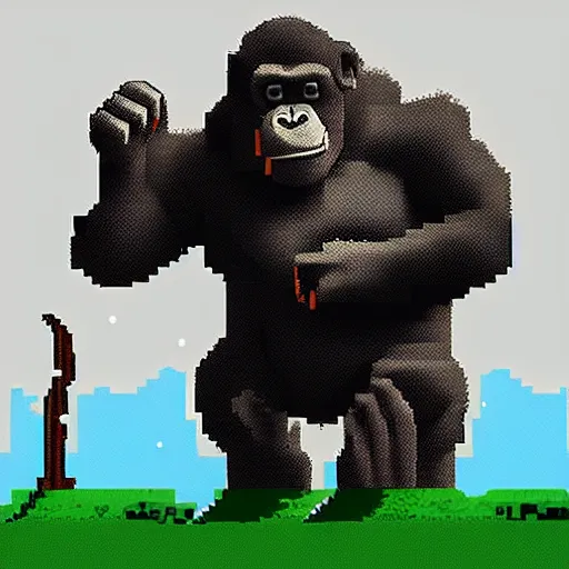 Image similar to a giant gorilla getting punched by an ant, pixel art,