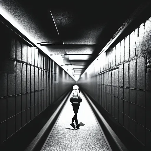 Prompt: woman running down hallway, wearing black beanie and black bomber jacket, holding shotgun, in an underground lab, MC Escher style architecture, sterile, unknown location, light and shadows, fire, bullet shells flying, 4k, cinematic, unreal engine