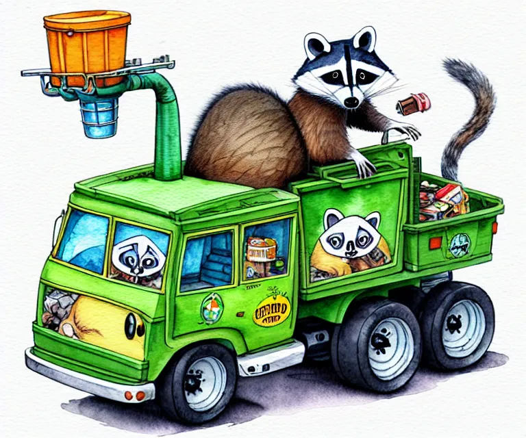 Image similar to cute and funny, racoon driving a tiny garbage truck, ratfink style by ed roth, centered award winning watercolor pen illustration, isometric illustration by chihiro iwasaki, edited by craola, tiny details by artgerm and watercolor girl, symmetrically isometrically centered