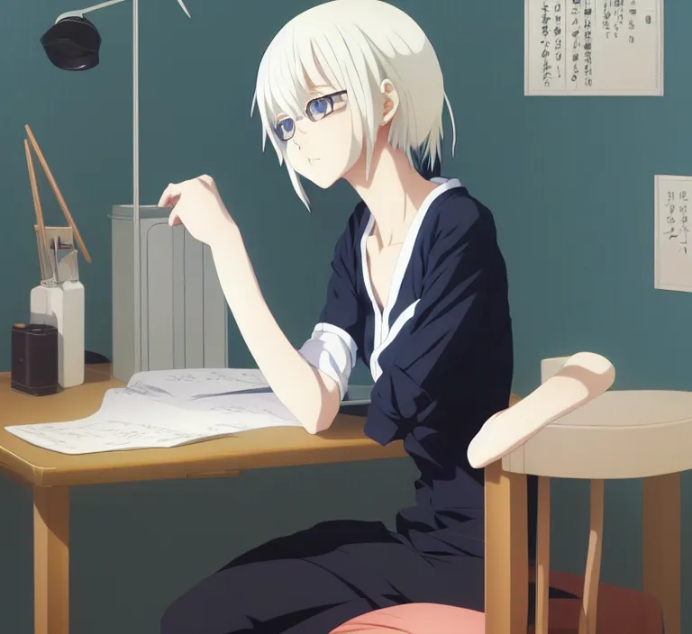 Image similar to anime visual, a young woman with white hair in her bedroom studying, cute face by ilya kuvshinov, yoshinari yoh, makoto shinkai, katsura masakazu, dynamic perspective pose, detailed facial features, kyoani, rounded eyes, crisp and sharp, cel shad, anime poster, ambient light