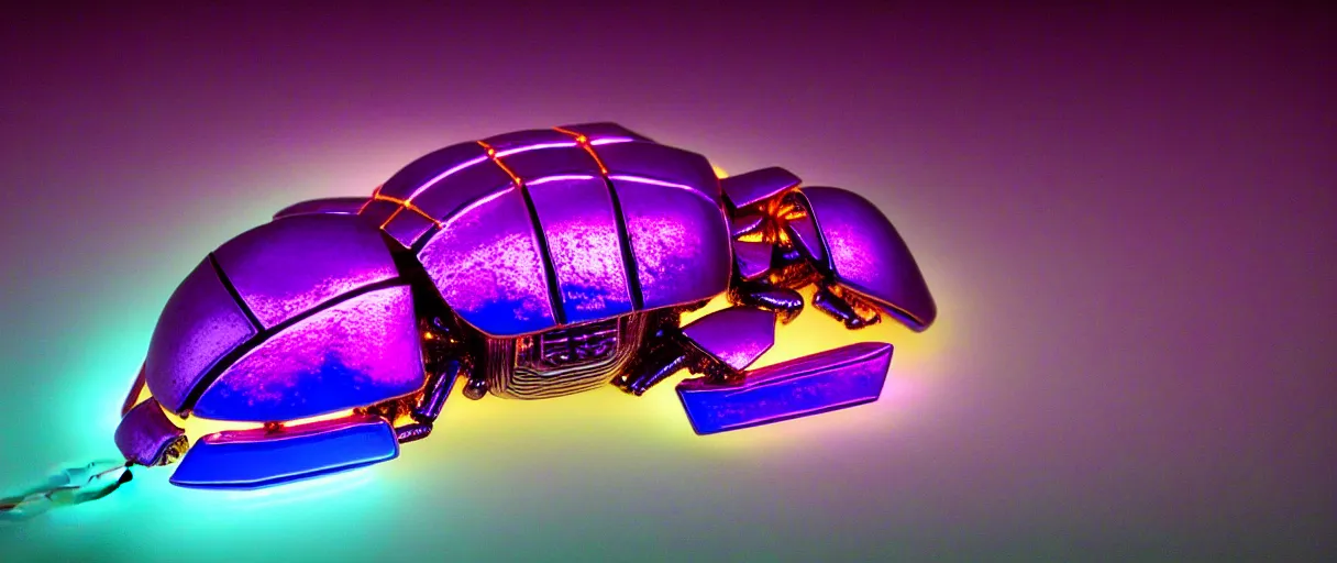 Image similar to high quality photo glowy iridescent cyborg scarab! jeweled very cute! highly detailed digital art david ligare peter zumthor cinematic purple neon lighting high quality low angle hd 8k sharp shallow depth of field