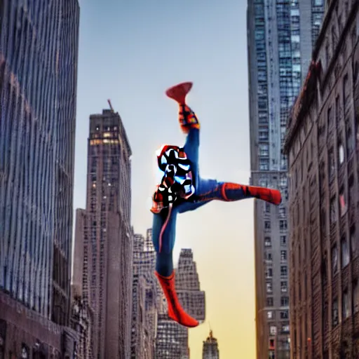 Prompt: spider - man swinging through new york buildings, sunset at golden hour, 4 k.