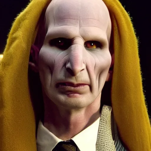 Image similar to Ralph Fiennes playing Lord Voldemort, the famous drag queen of the Harry Potter series