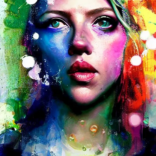 Image similar to drunken scarlett johansson as delirium from sandman, ( hallucinating colorful soap bubbles ), by jeremy mann, by sandra chevrier, by dave mckean and richard avedon and maciej kuciara, punk rock, tank girl, high detailed, one green eye and one blue eye, 8 k