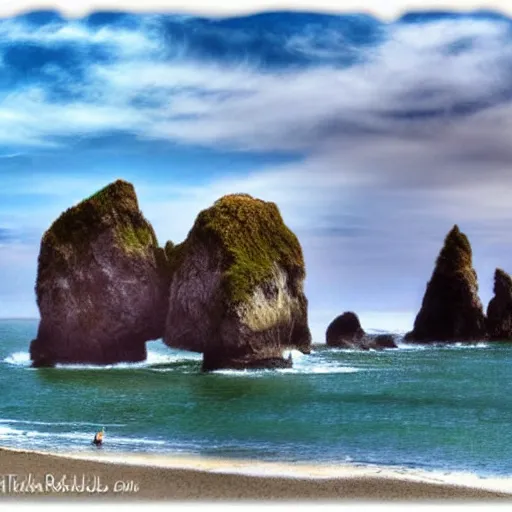Prompt: Rocky pacific northwest beach with rock formations along the coast, overcast clouds, 3D digital art