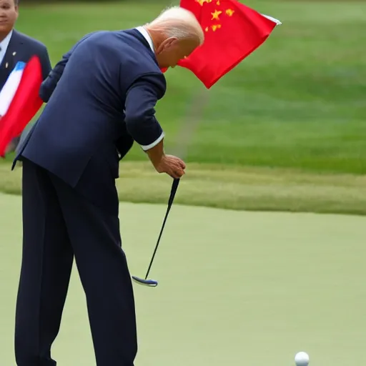 Image similar to xi jingping hits a putt while joe biden tends the flag