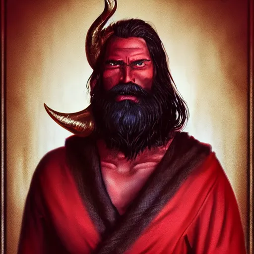 Image similar to dnd render of a man, red, a big black beard, completely golden eyes, 1 curved horn growing out of his forehead, one broken horn groing out of his forehead,