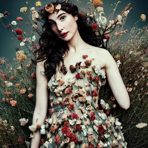 Prompt: full body fine art photo of the beauty gal gadot, she has a crown of dried flowers and is wearing a fashionist conceptaul dress made of dried roses, taken by oleg oprisco