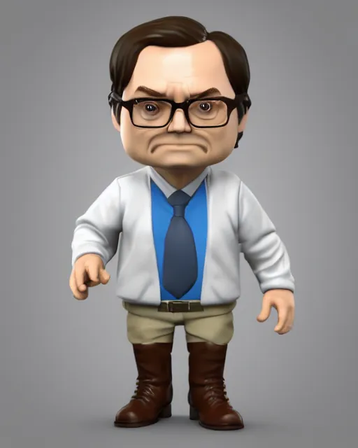 Image similar to full body 3d render of Dwight Schrute from the office as a funko pop, studio lighting, white background, blender, trending on artstation, 8k, highly detailed