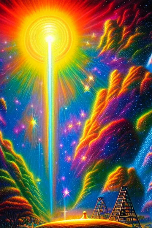 Prompt: a photorealistic detailed image of a beautiful vibrant iridescent future for human evolution, spiritual science, discovery, divinity, utopian, by david a. hardy, kinkade, lisa frank, wpa, public works mural, socialist