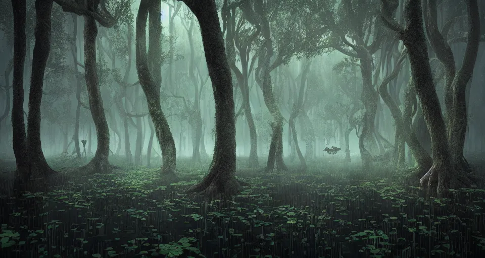 Prompt: A dense and dark enchanted forest with a swamp, by Beeple