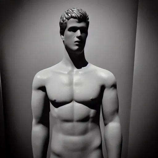 Image similar to “a realistic detailed photo of a guy who is an attractive humanoid who is half robot and half humanoid, who is a male android, actor Liam Hemsworth, shiny skin, posing like a statue, blank stare, at the museum, on display”