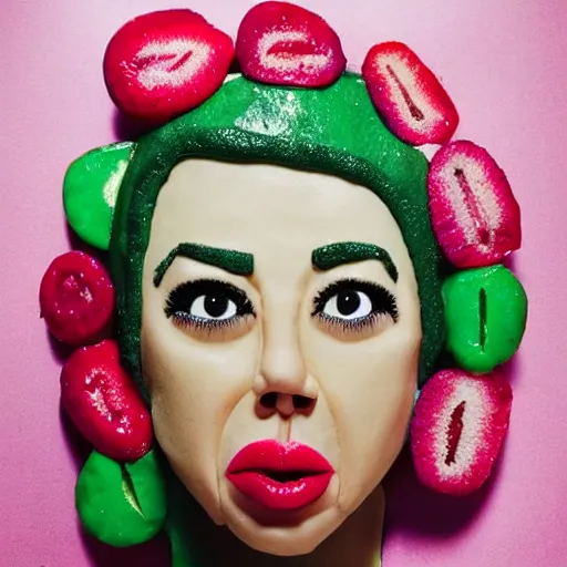 Prompt: aubrey plaza made of birthday cake : : highly detailed food photography : :