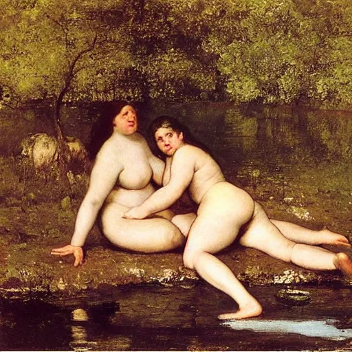 Image similar to “women bathing in a lake by gustave courbet”