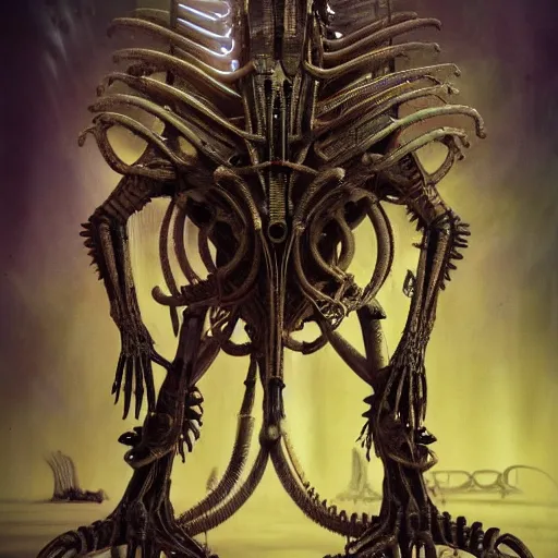 Image similar to highly evolved biomechanical phyrexian dreadnought pregnant borg queen hybrid being possessed by the machine spirit, artists tram pararam and doctor seuss with beryl cook and hr giger, high contrast cinematic light, mystical shadows, sharp focus, octane render