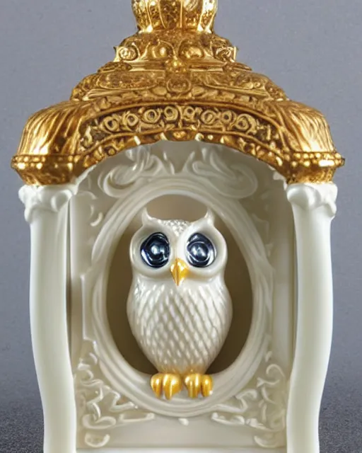 Image similar to royal ornate snow white porcelain realistic detailed owl sanctuary stronghold fortess with golden filigree carved out of ivory
