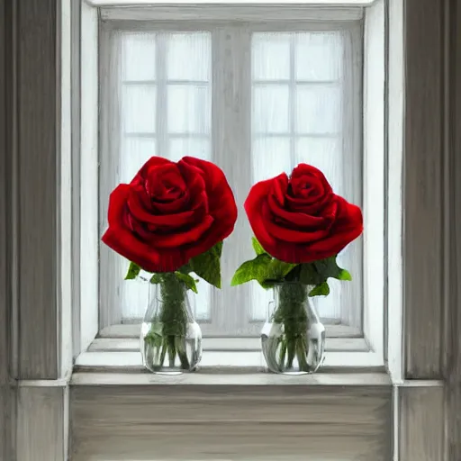 Image similar to The image would feature a windowsill with two vases, one containing a red rose and the other containing a blue violet. The natural light from the window would be shining in on the scene. Trending on artstation