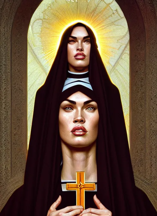 Prompt: portrait of megan fox as nun, bible, catholic, religion, cross, praying, intricate, headshot, highly detailed, digital painting, artstation, concept art, sharp focus, cinematic lighting, illustration, art by artgerm and greg rutkowski, alphonse mucha, cgsociety