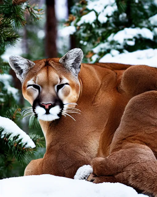 Prompt: magazine article showing 'a cougar sleeping in the middle of snowy pine tree' laying on coffee table, zoomed out shot, HD, iphone screenshot