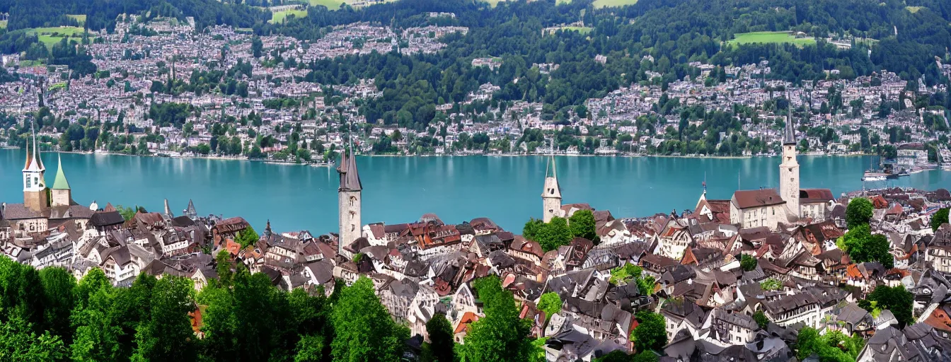 Image similar to Photo of Zurich, looking down the Limmat at the lake and the alps, Hardturm, Grossmünster, Lindenhof, Üetliberg, wide angle, volumetric light, hyperdetailed, light blue water, artstation, cgsociety, 8k